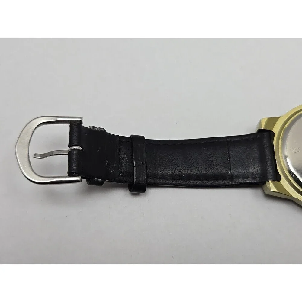 NRA Europa Quartz Watch Black Bezel Gold Tone Case Leather Band Mens New Battery